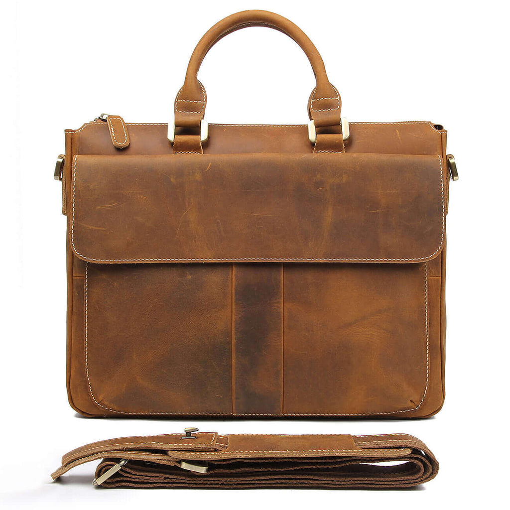 Front view of Crazy Horse Leather Laptop Bag with multiple compartments.