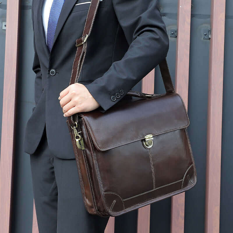 Crossbody style of the Classic Leather Laptop Bag, perfect for business.