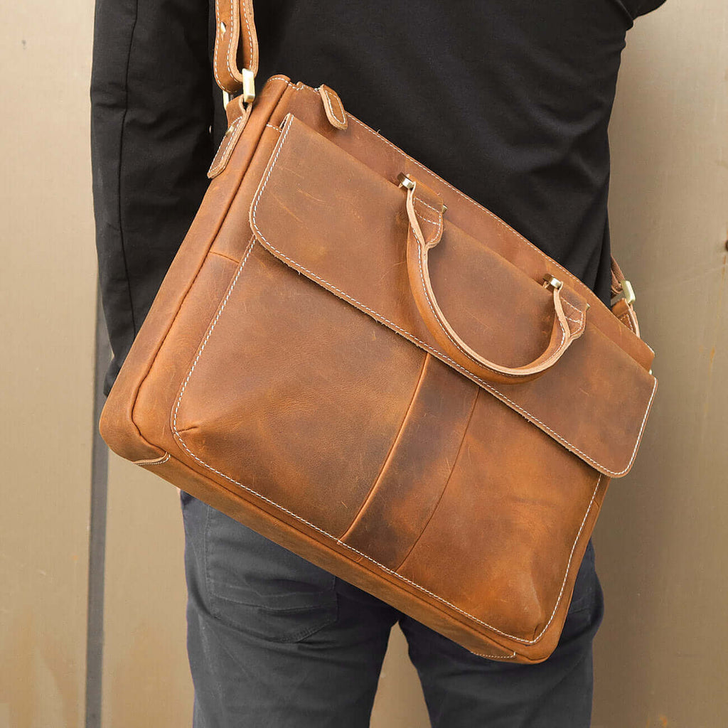 Crossbody strap of Crazy Horse Leather Laptop Bag for versatile carrying.