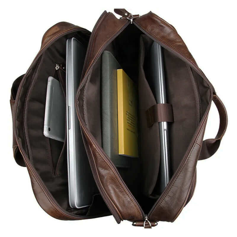 The interior of a genuine leather briefcase work bag
