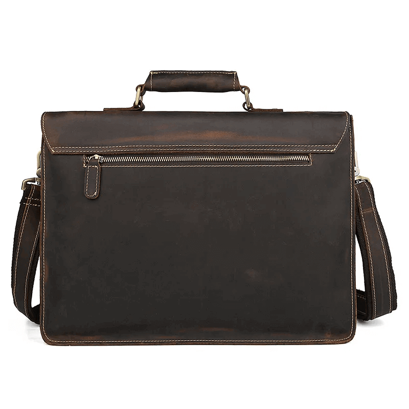 Back view of genuine leather messenger bag.