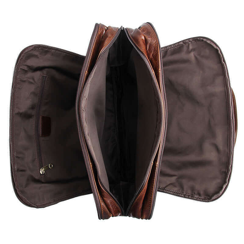 The interior of a leather laptop bag