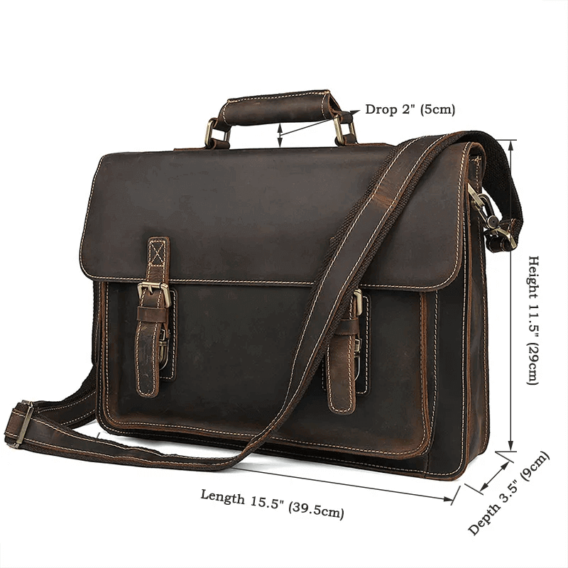 Size display genuine leather messenger bag for 14-inch laptops.