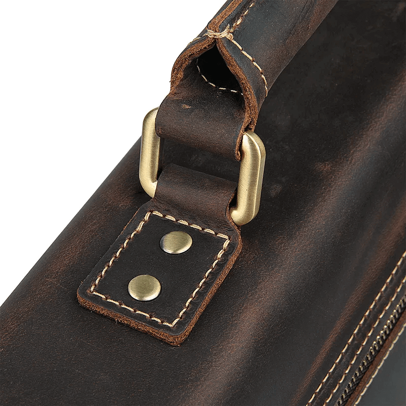 Details of the genuine leather laptop messenger bag.