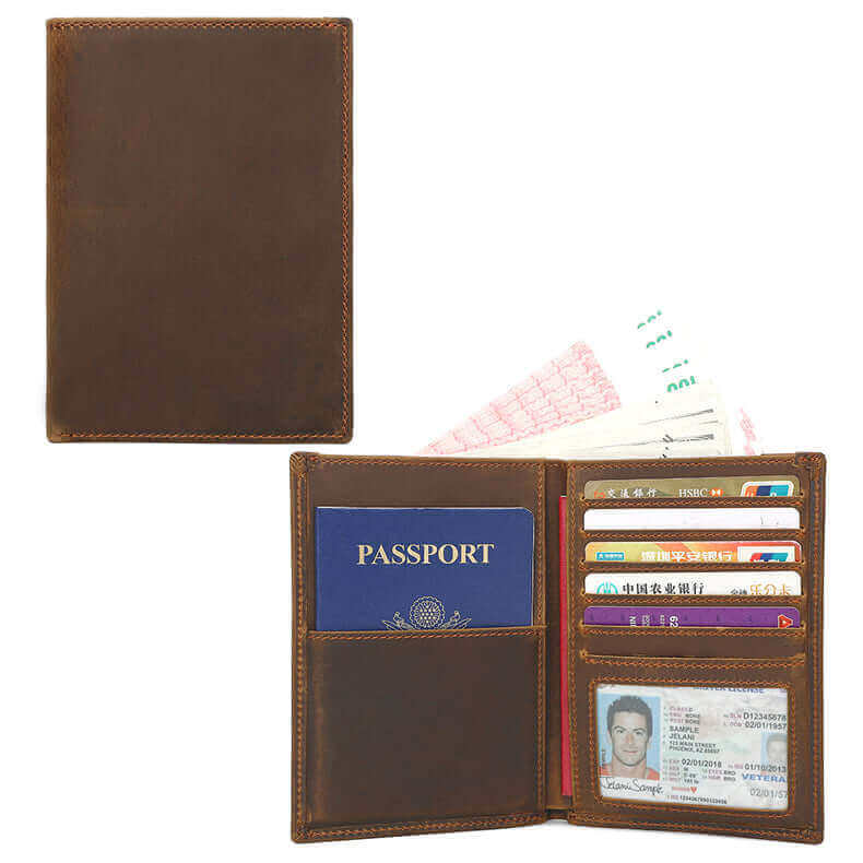 Front view of a leather RFID passport holder with stylish design.