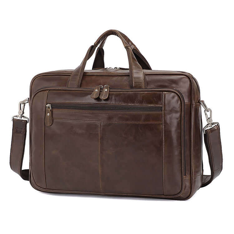 Elegant leather laptop bag for business and travel use.