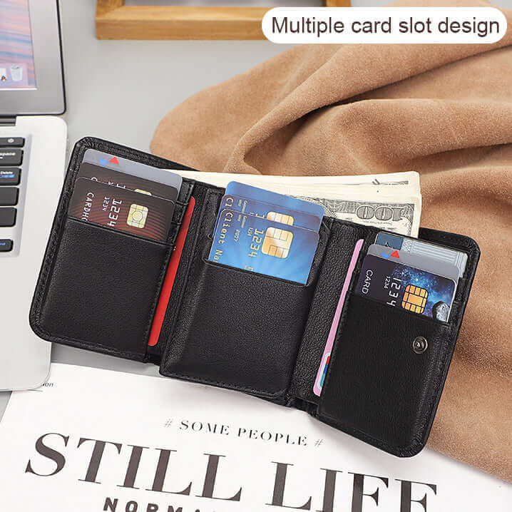 Open view of a men's RFID wallet showcasing card slots and compartments.