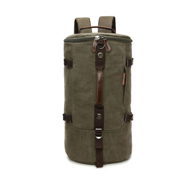 Green canvas duffle backpack with leather details, ideal for outdoor activities.