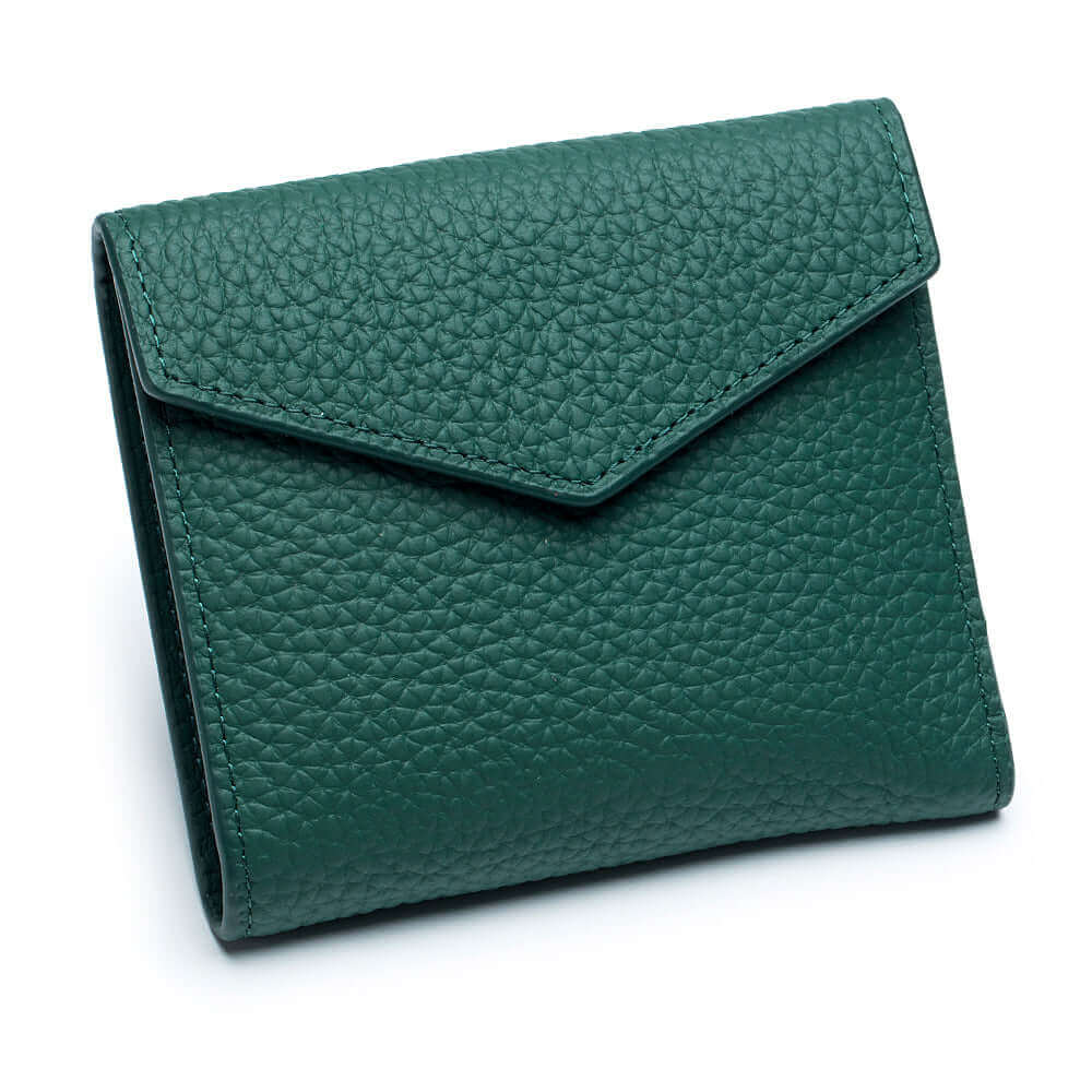 Green leather envelope wallet displaying card slots and cash