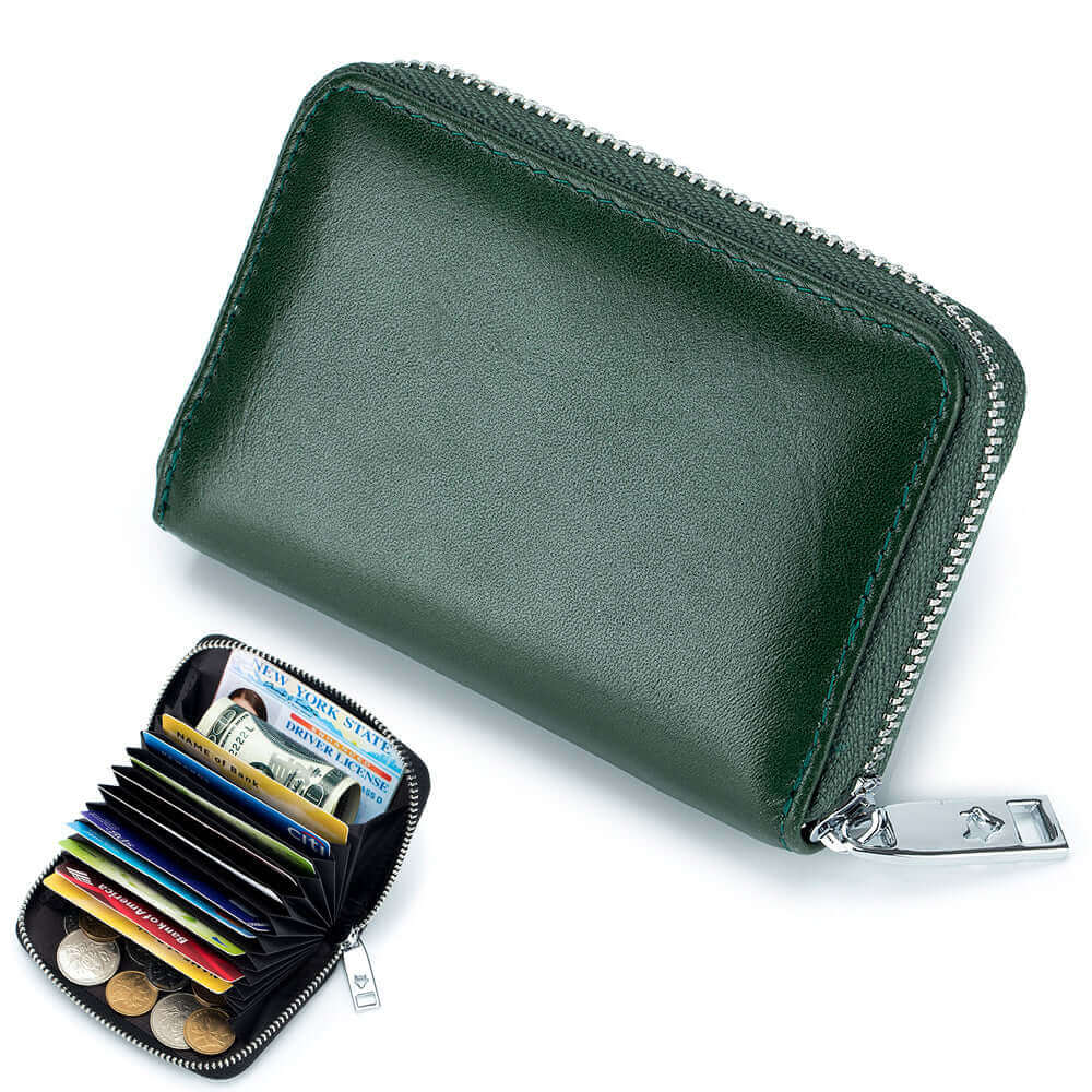 Green men's RFID leather card holder with a sleek and glossy finish