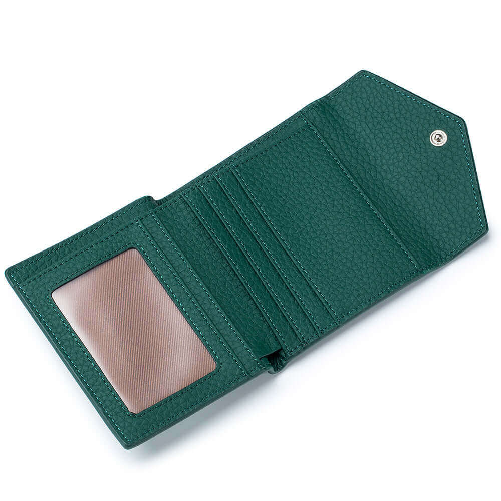 Green women’s leather wallet with cash and card storage