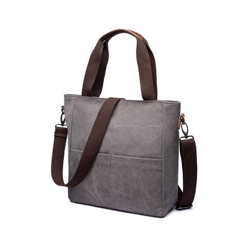 Grey canvas tote bag for women with a stylish and functional design.