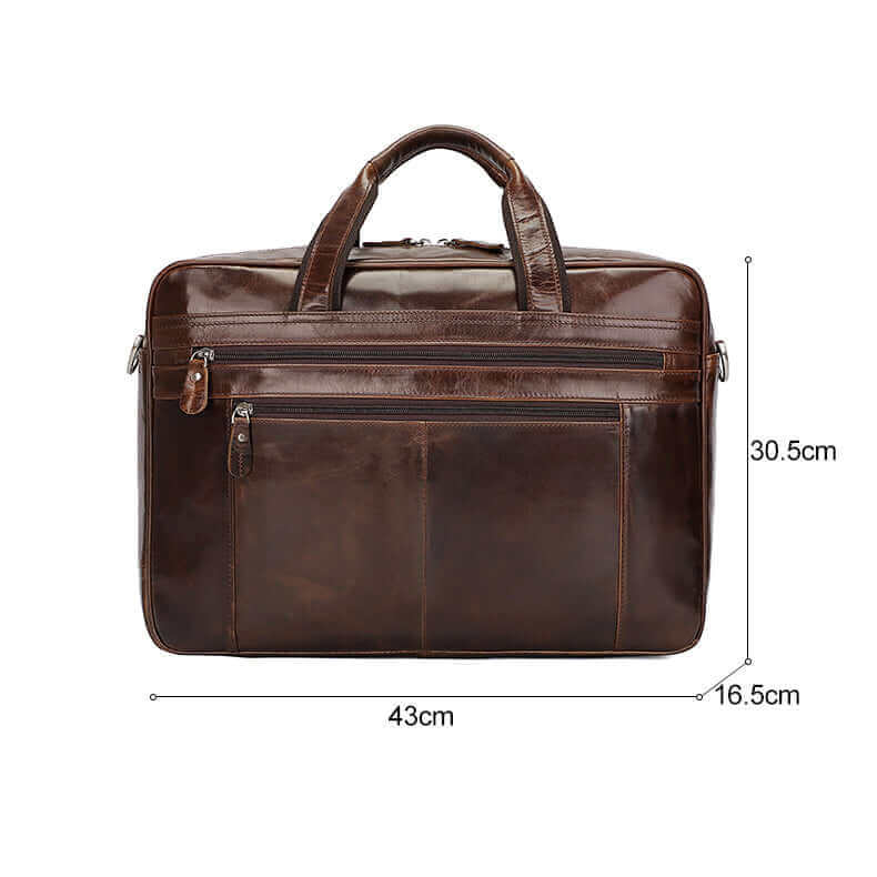 Dimensions of leather laptop bag with handle and trolley strap.