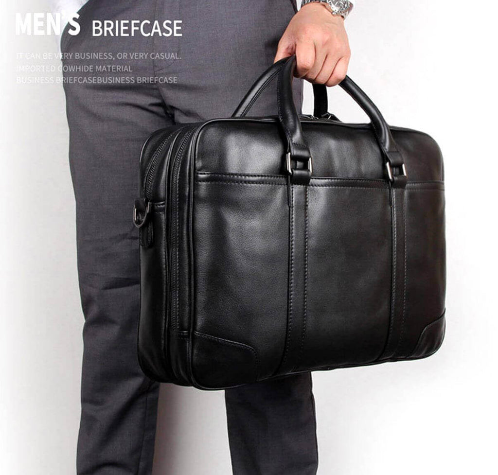 Laptop compartment inside Men's Double-Zip Leather Briefcase.