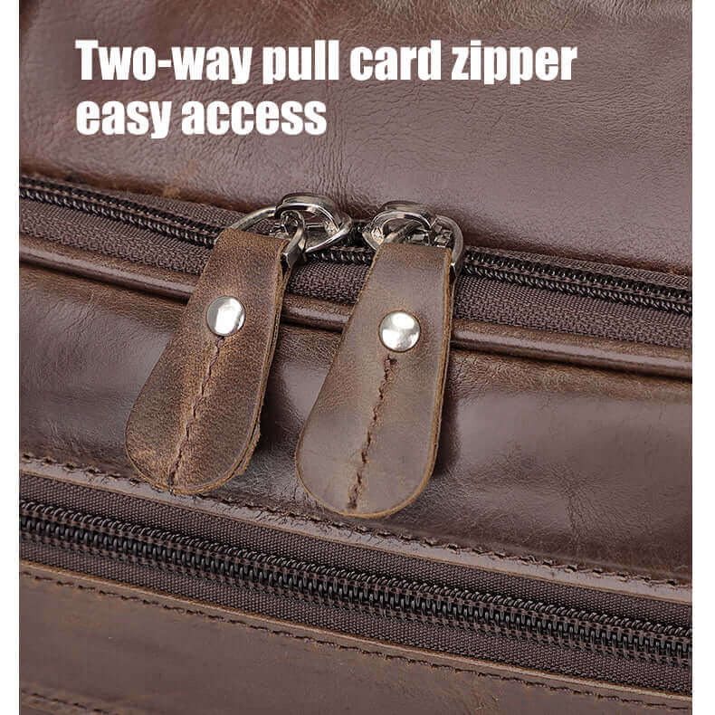 Details of the leather 17 inch laptop bag