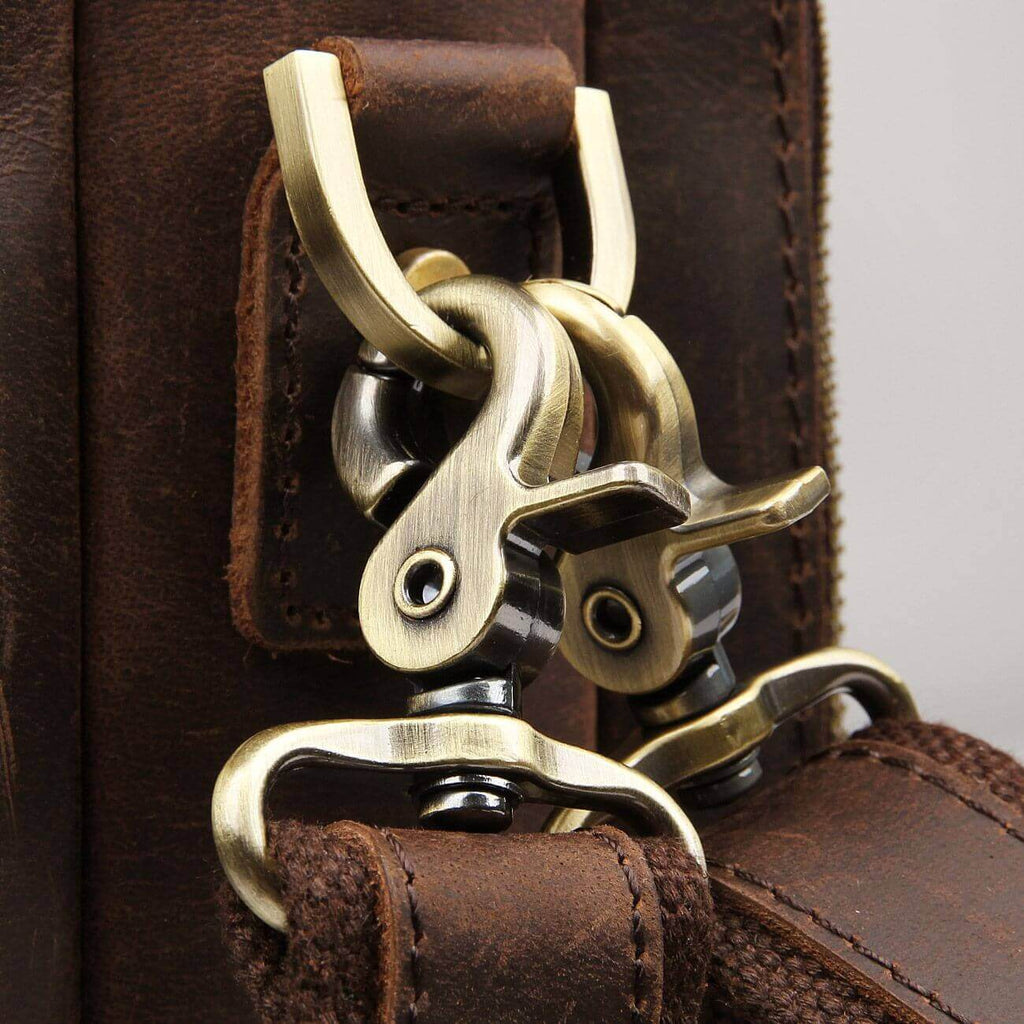 Detailed display of brown genuine leather bag.