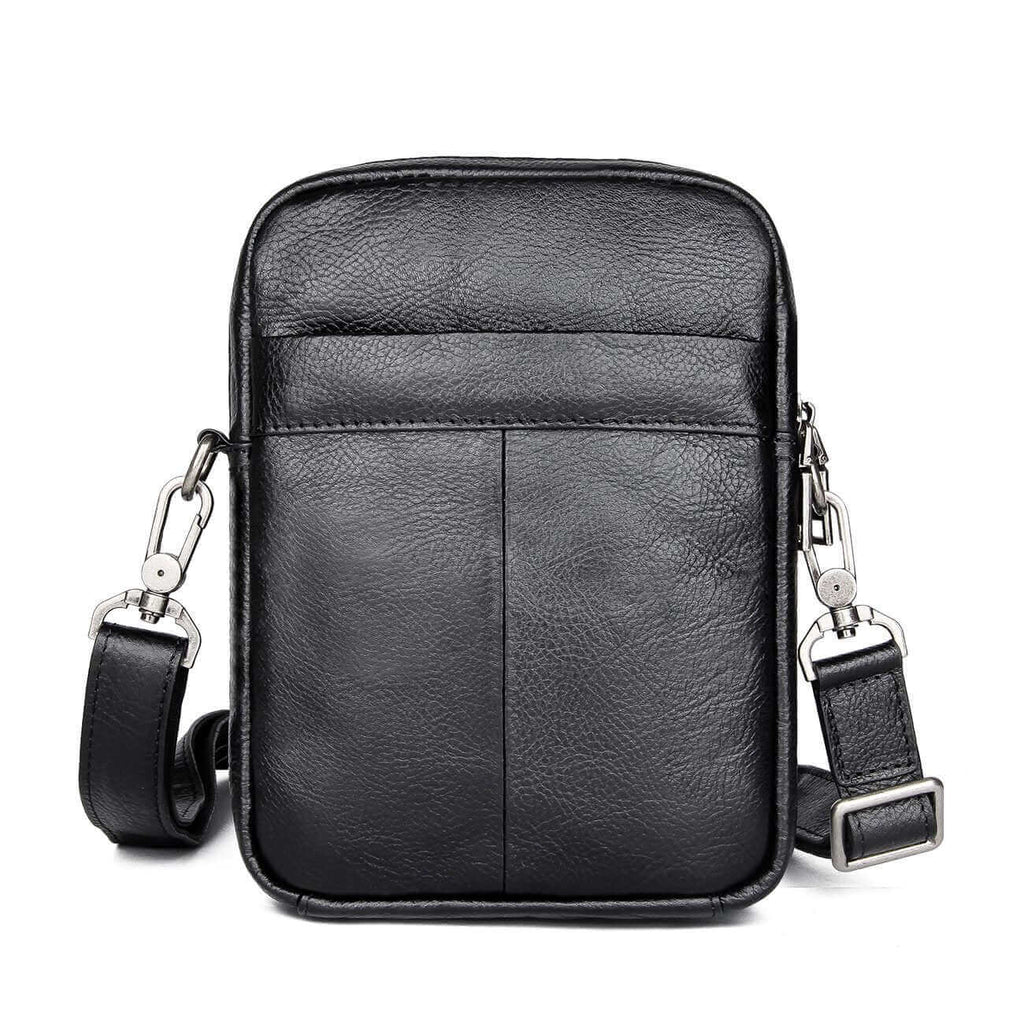 Compact black leather bag with stylish design for men in New Zealand.