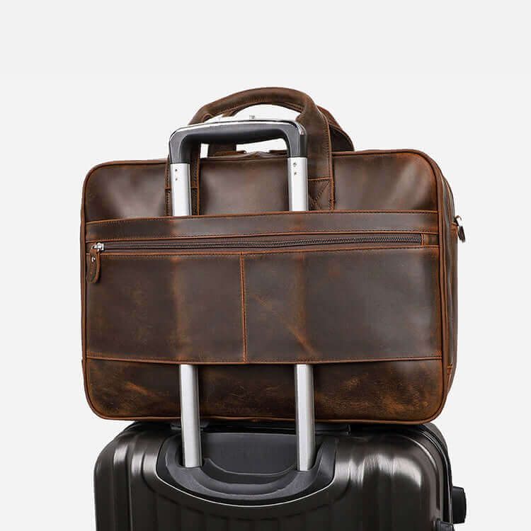 Crazy Horse Leather Briefcase attached to a trolley for easy travel.

