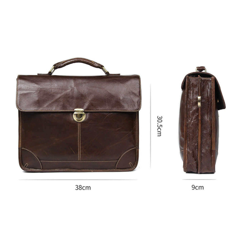 Size display of genuine leather briefcases.