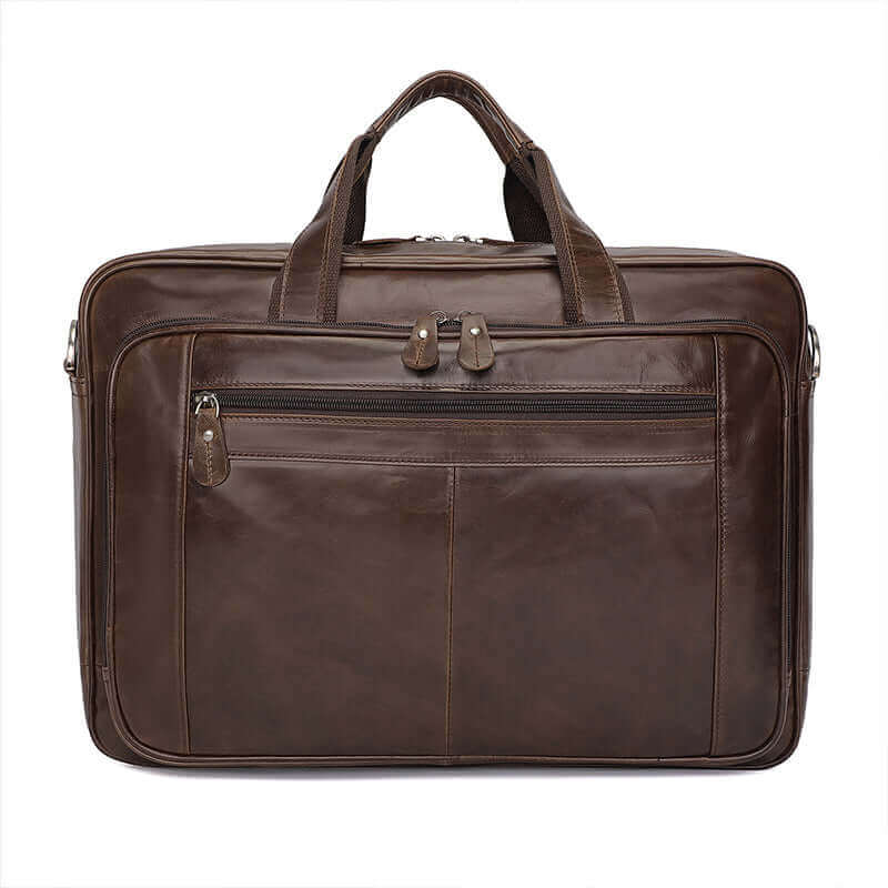 Front view of the spacious leather business laptop bag in premium brown leather.