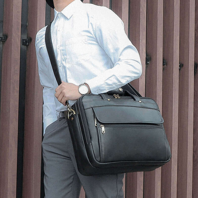 Durable leather handle of the Men's Black Leather Laptop Bag.