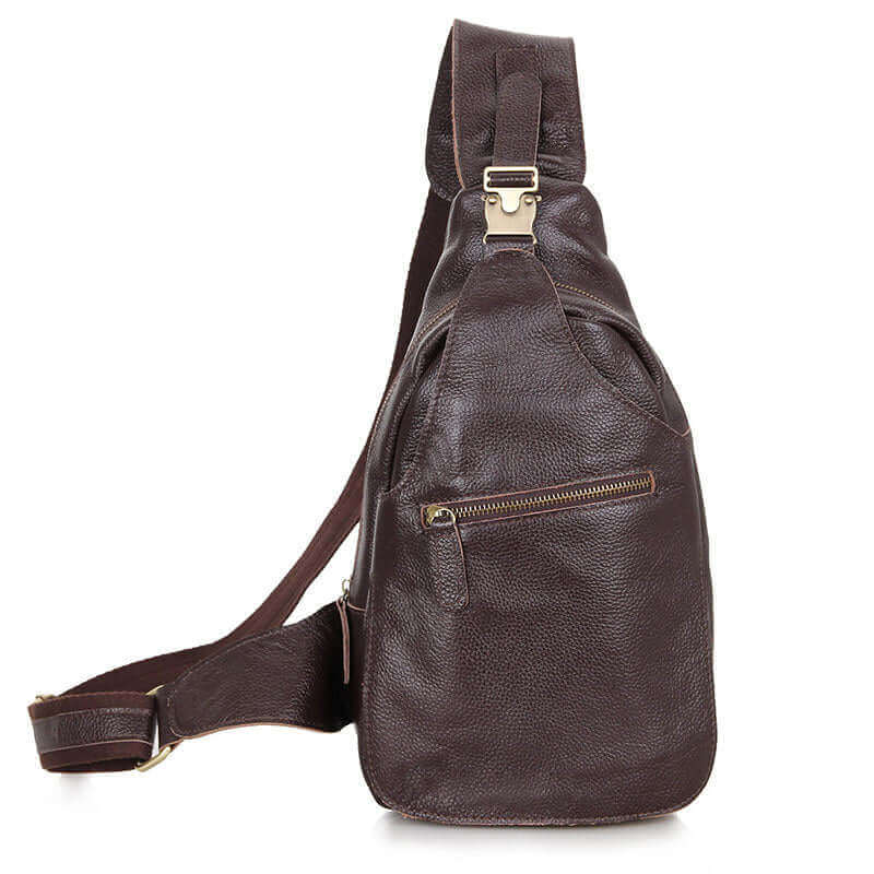 Front view of a genuine leather crossbody sling bag with a stylish design.