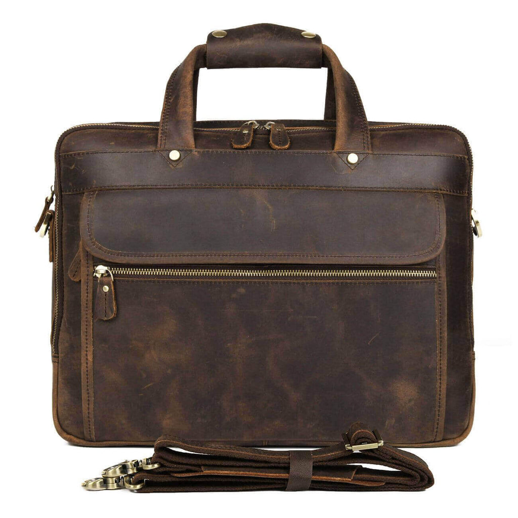 Adjustable crossbody strap on a men's Crazy Horse leather laptop bag.