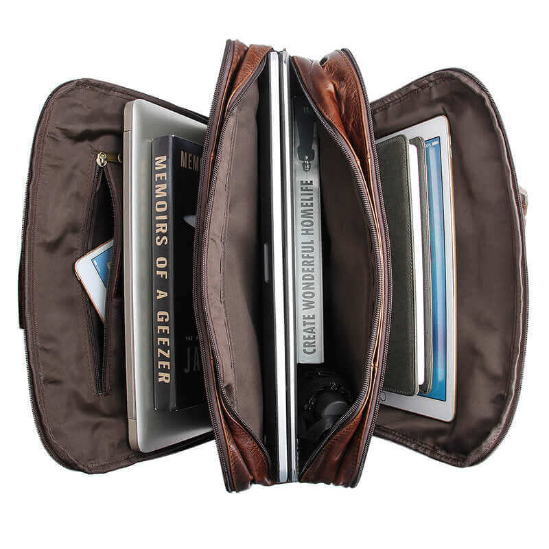 The interior of a leather briefcase