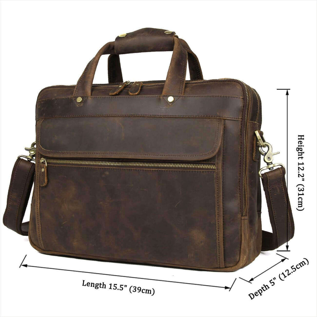Size display of the brown leather laptop bag.