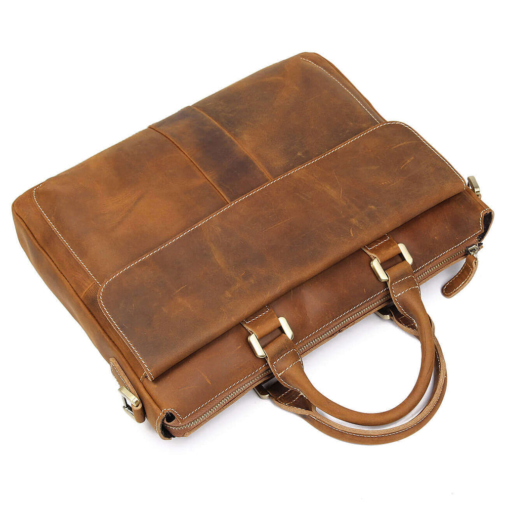 Laptop fitting inside Crazy Horse Leather Laptop Bag with ease.