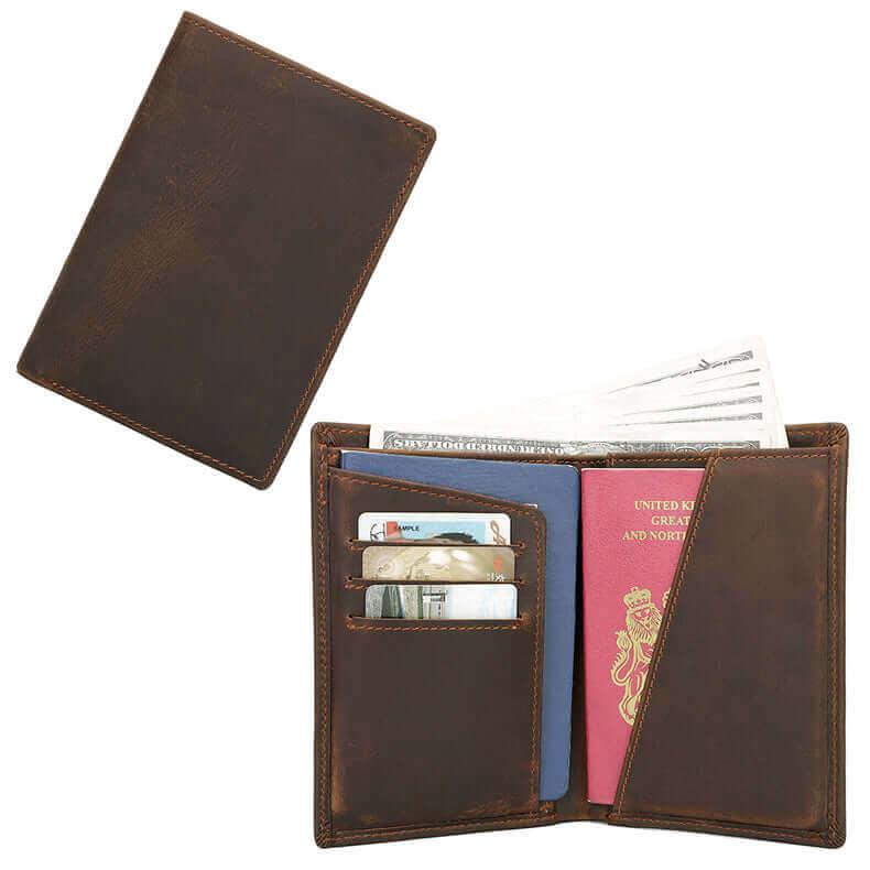 Brown leather passport holder made from genuine crazy horse leather