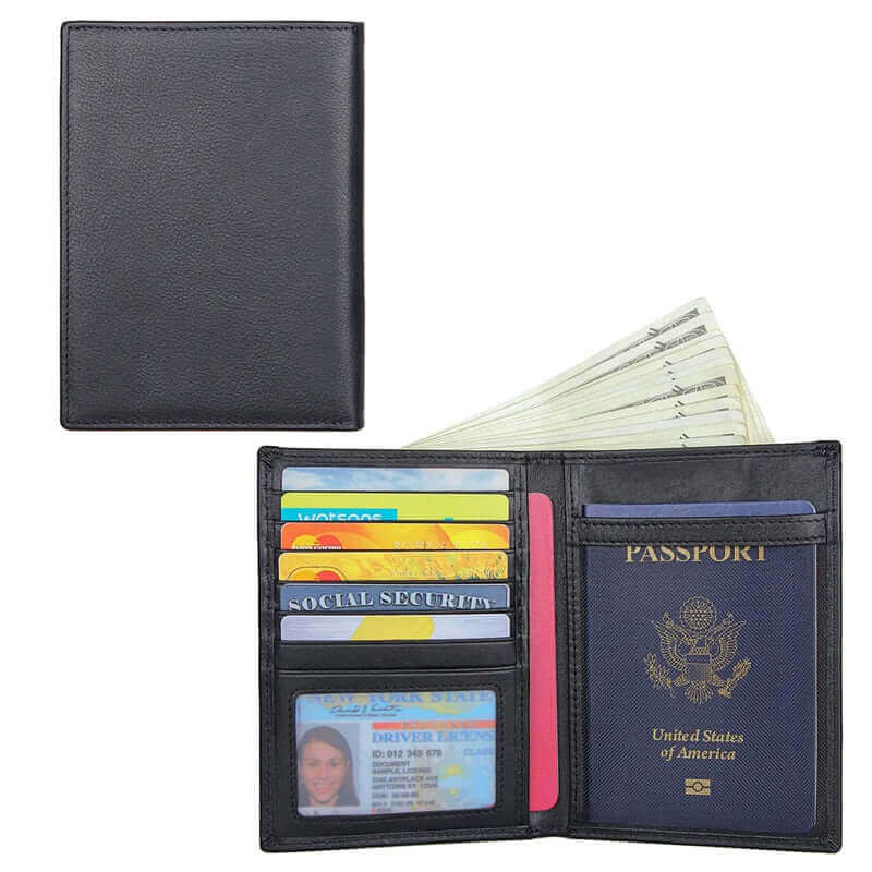 Black leather RFID passport holder with sleek design for travel essentials.