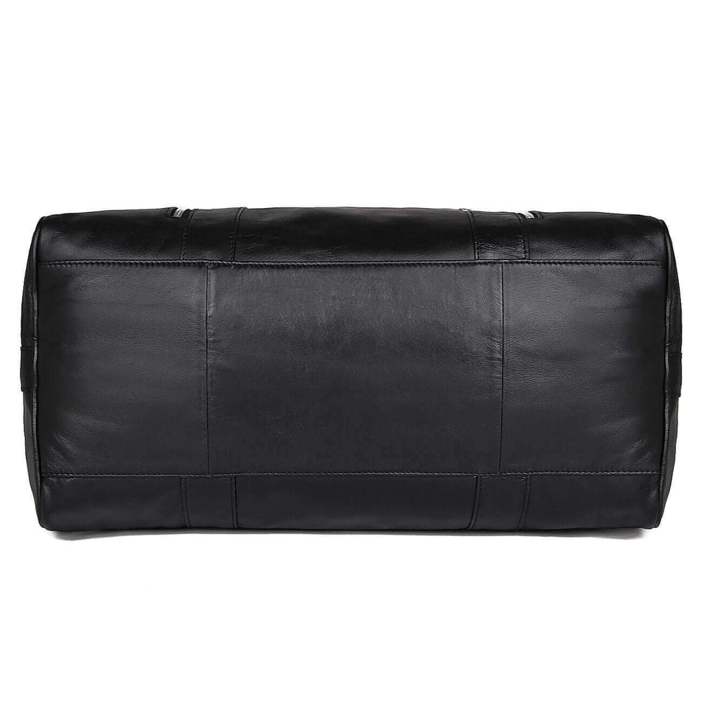 Bottom of a black leather duffle bag