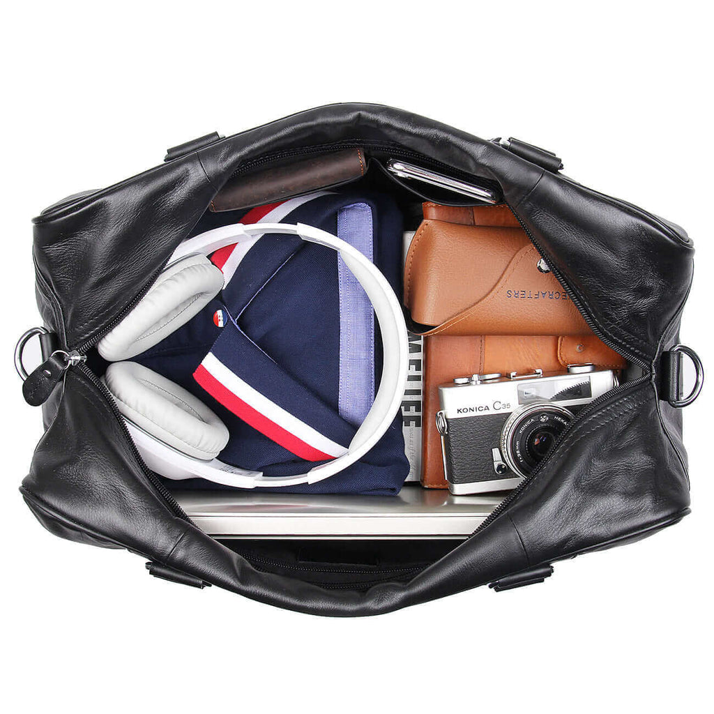 Interior of a black leather travel duffle bag