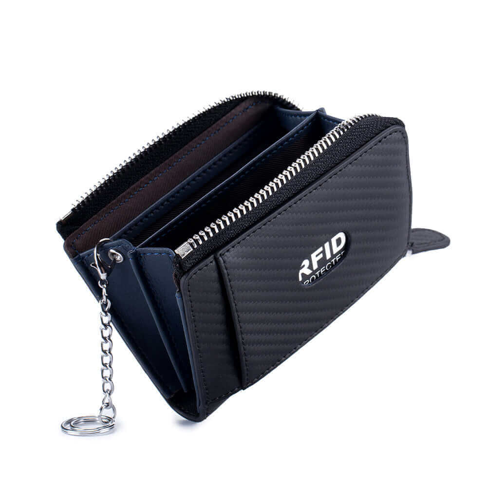 Leather wallet featuring coin pocket and detachable keychain.