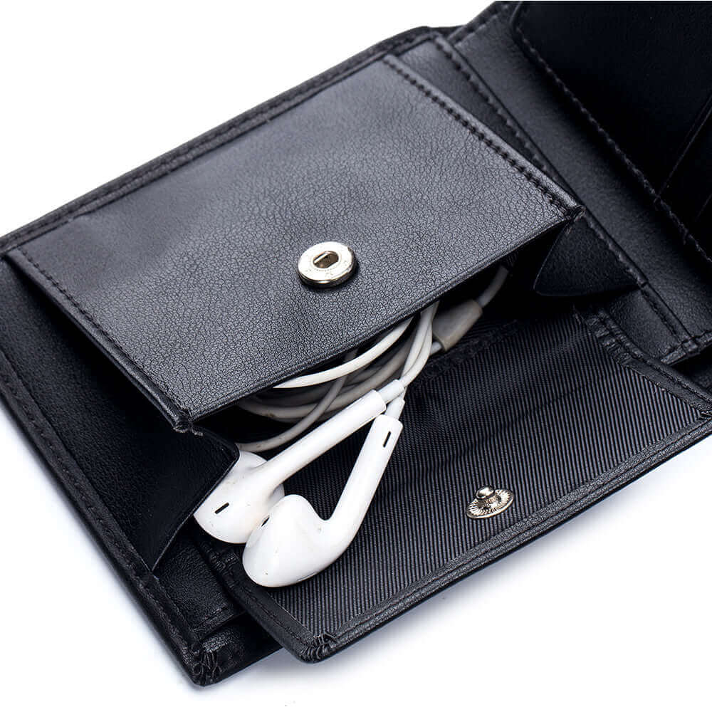 Men's RFID genuine leather folding wallet interior details.
