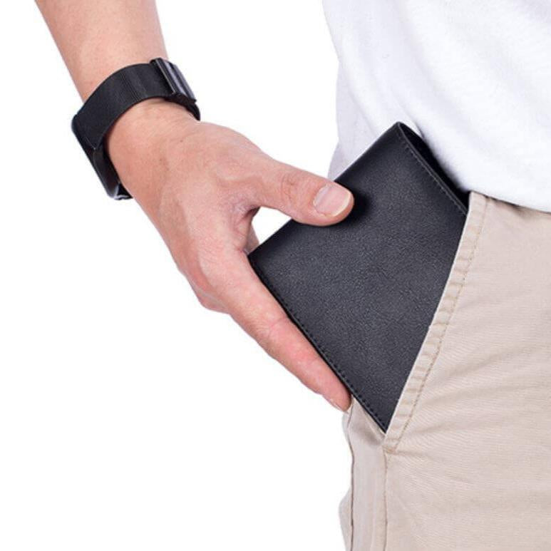 Men's RFID genuine leather wallet model display.