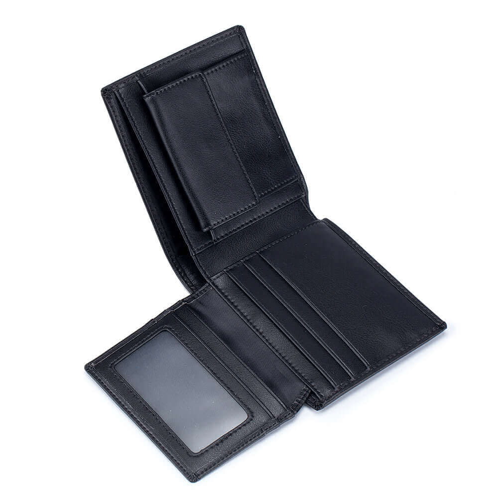 Men's black RFID genuine leather wallet internal display.