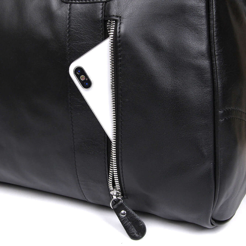 Black leather travel bag details