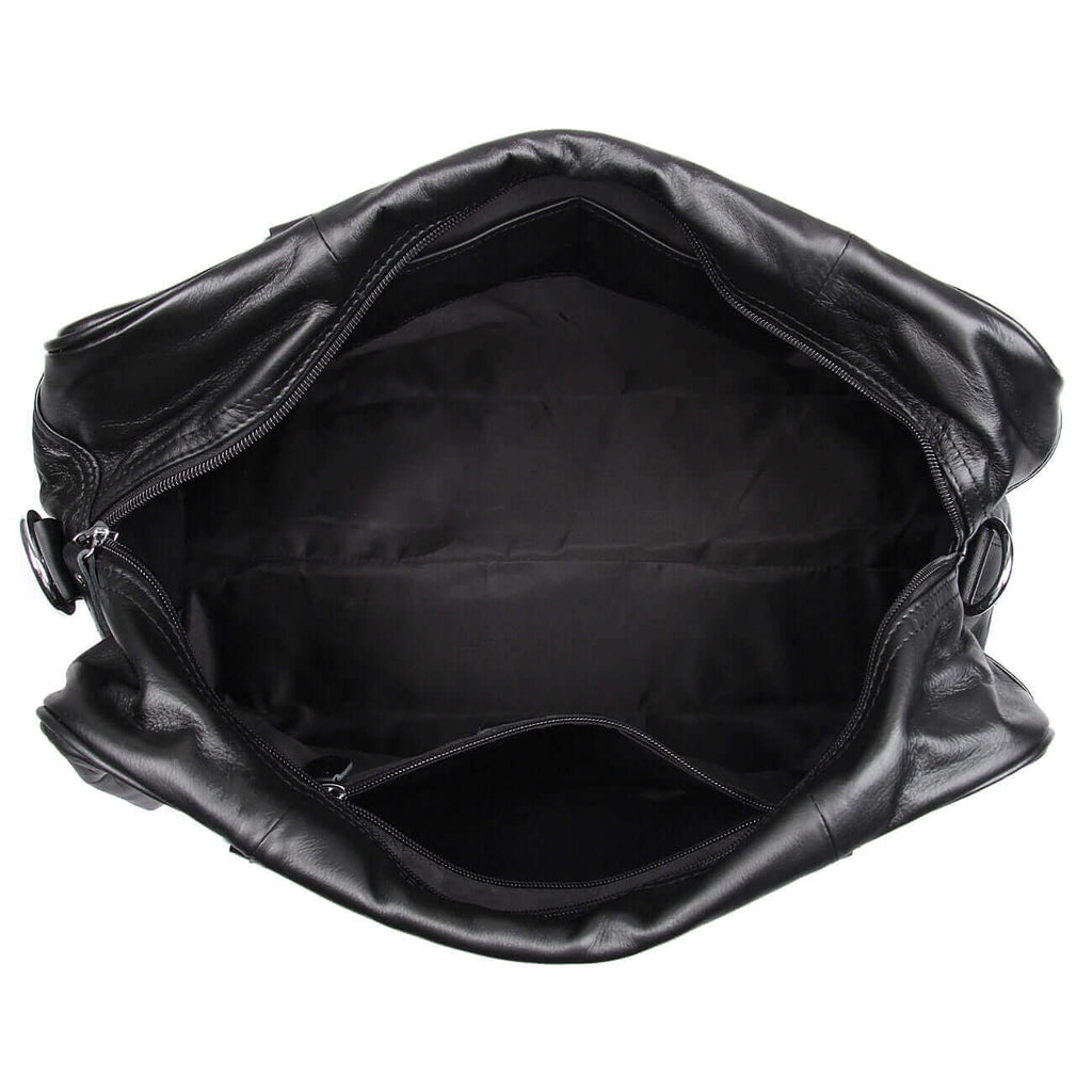 Interior of a black leather travel bag