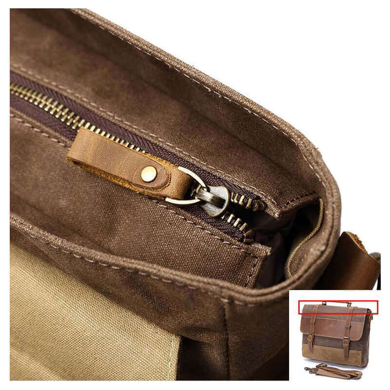 Details of the men's canvas laptop messenger bag