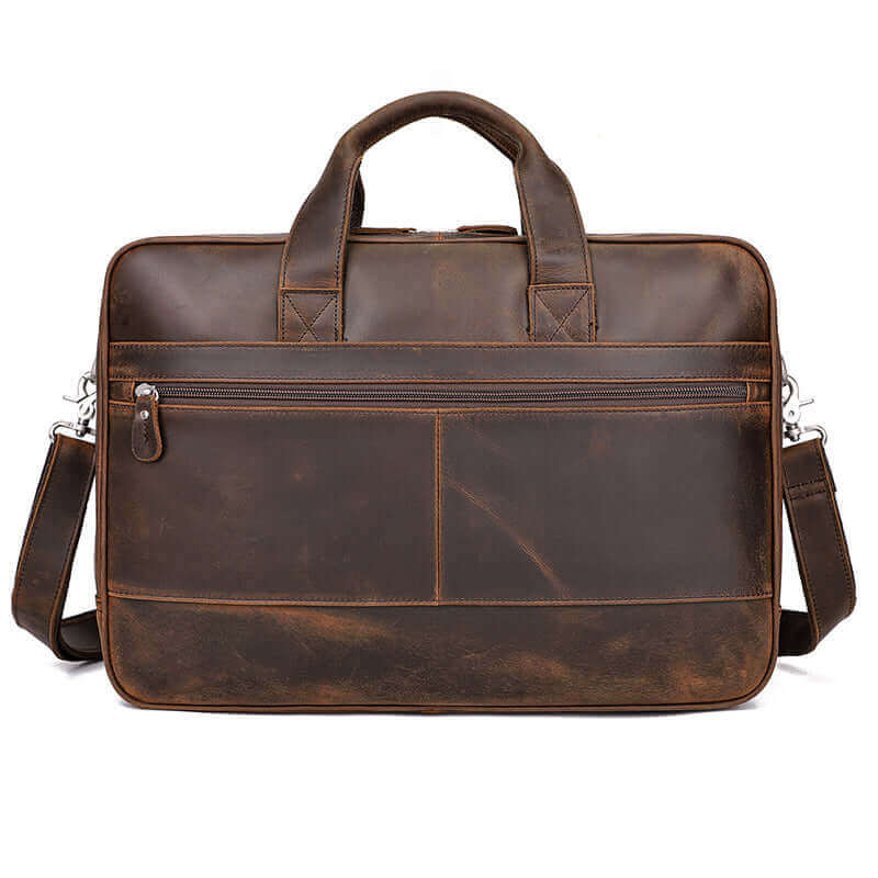 The back of a genuine leather laptop bag
