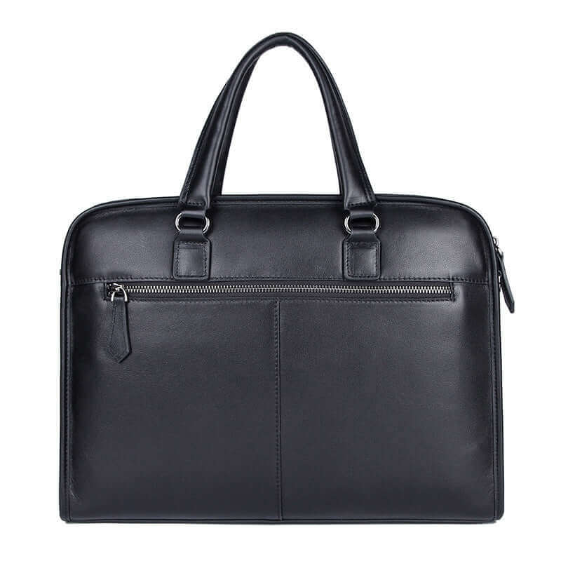 Back of black leather laptop bag