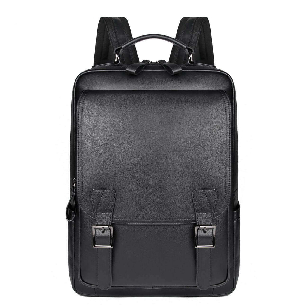 Men's leather laptop backpack in sleek black design.