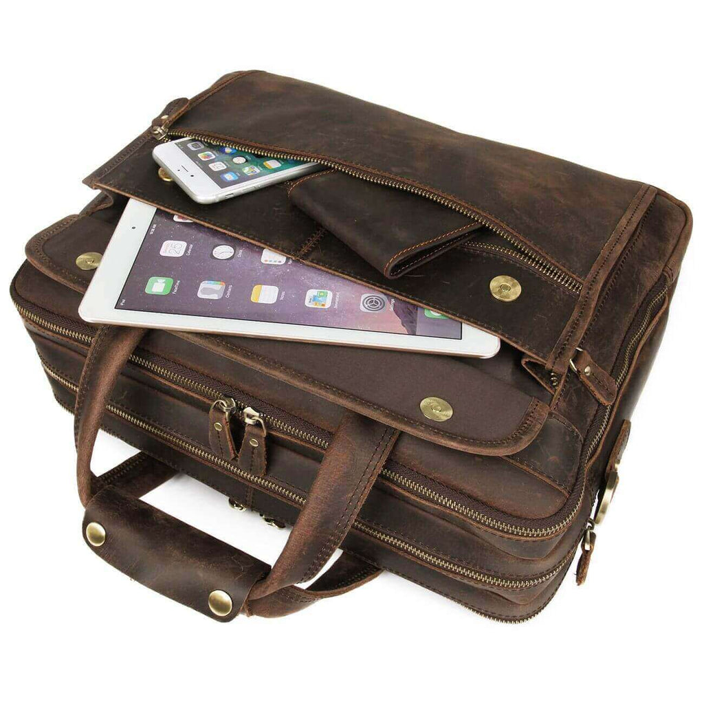 Spacious men's leather laptop bag, fits up to a 15.6-inch laptop.