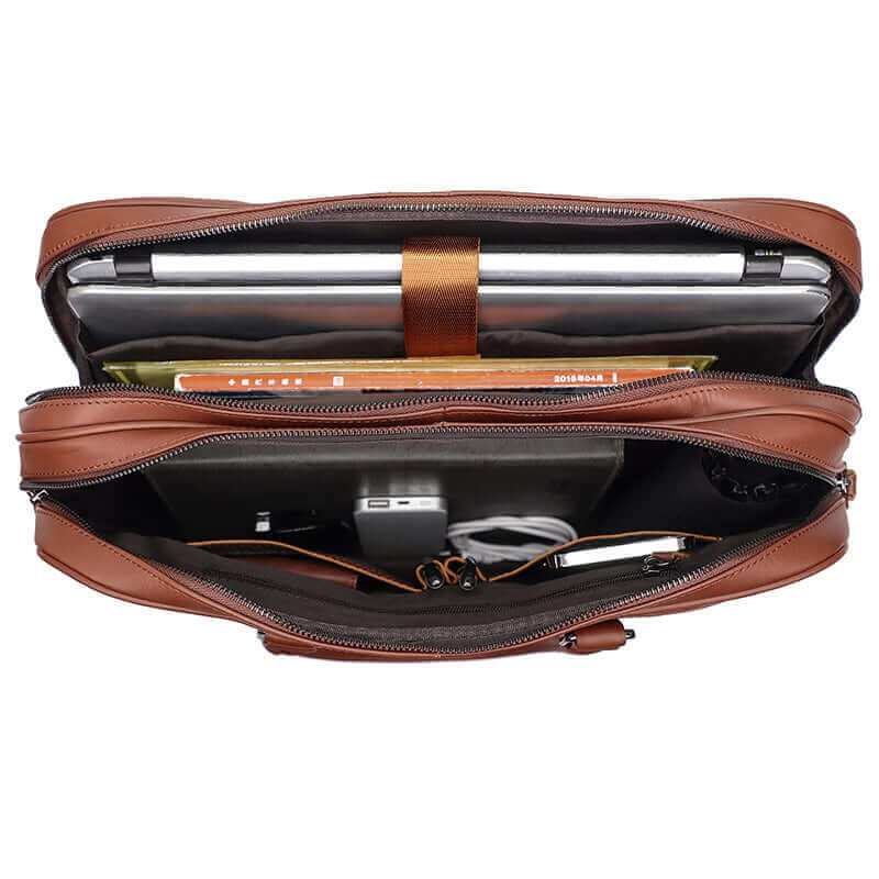 The internal structure of a brown genuine leather briefcase bag