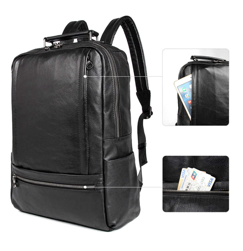 Men's leather laptop backpack with ergonomic padded straps.