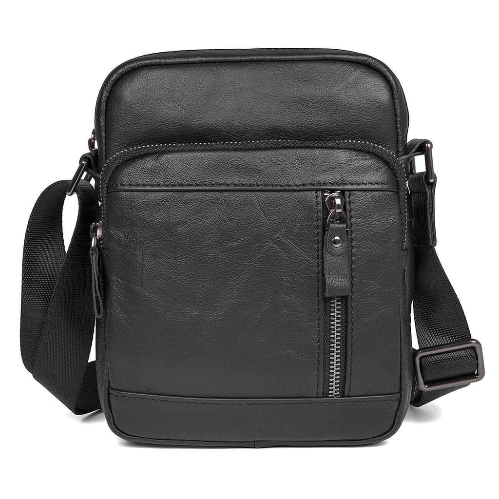 Front view of a men's genuine leather black crossbody bag in New Zealand.