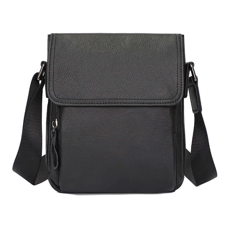 Front view of a men's classic black leather crossbody bag in New Zealand.