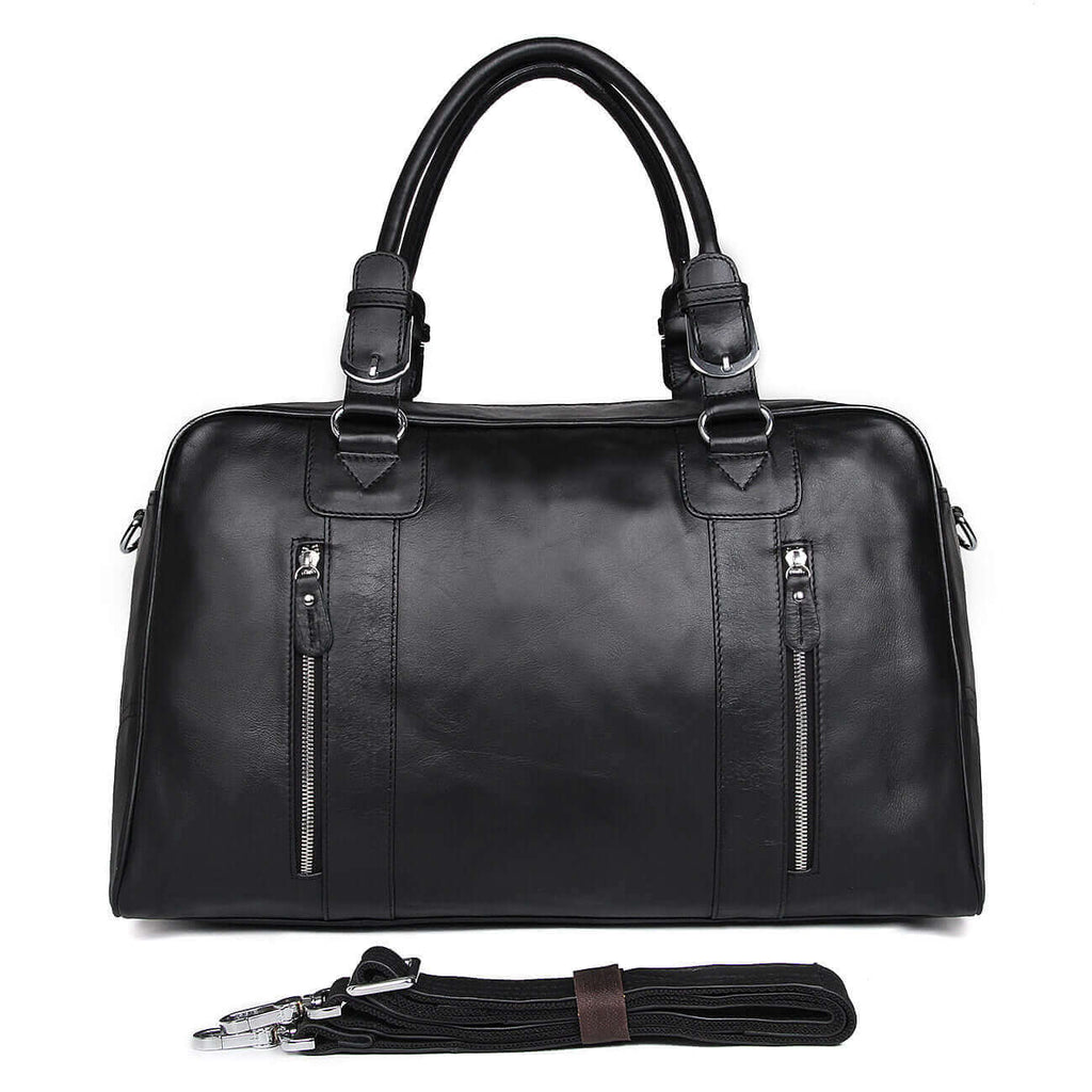 Men's black leather duffle bag, a perfect blend of style and practicality.